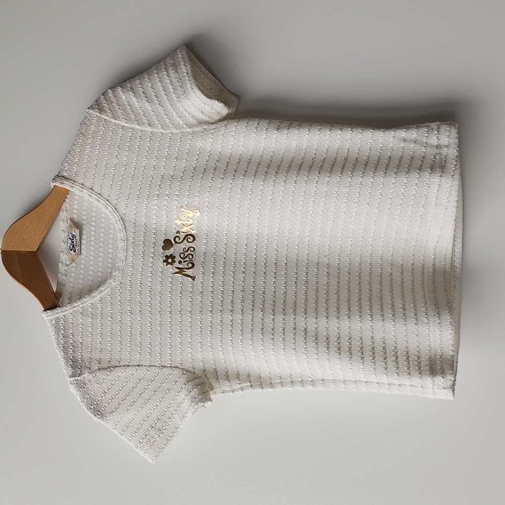 Vintage Miss Sixty Cropped Crochet Knit Metallic Stripe Logo Tee